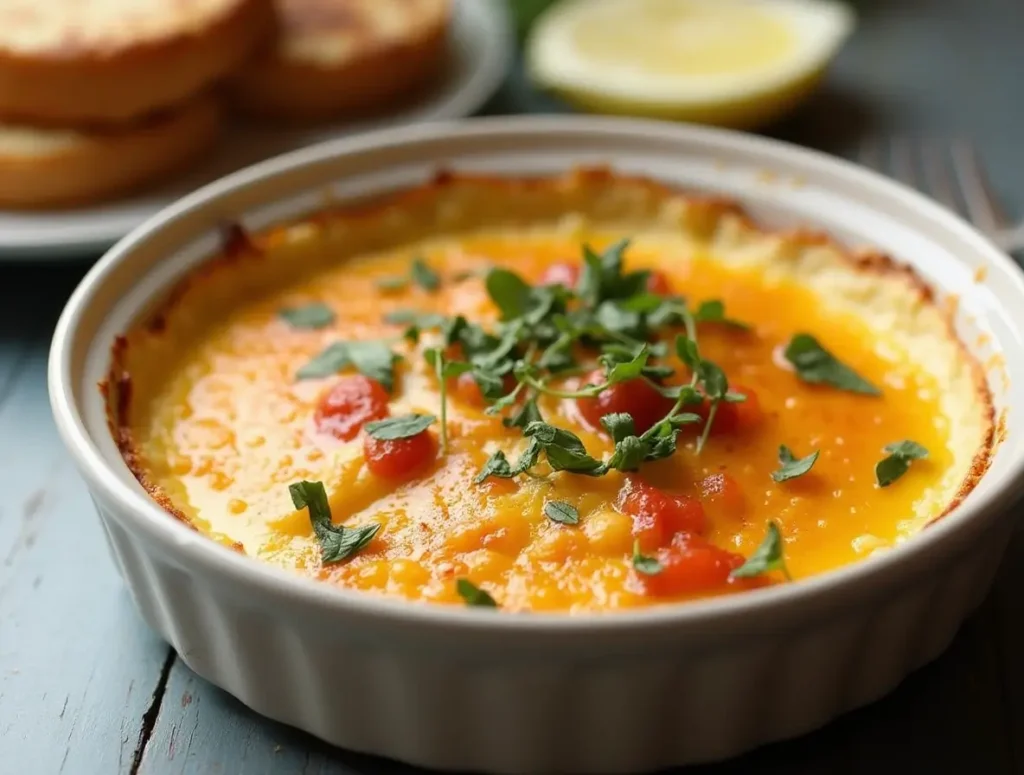 Close-up of a golden crab brulee garnished with fresh herbs and diced tomatoes, served in a white ramekin.