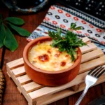 Golden Caramelized Crab Brulee in a White Ramekin